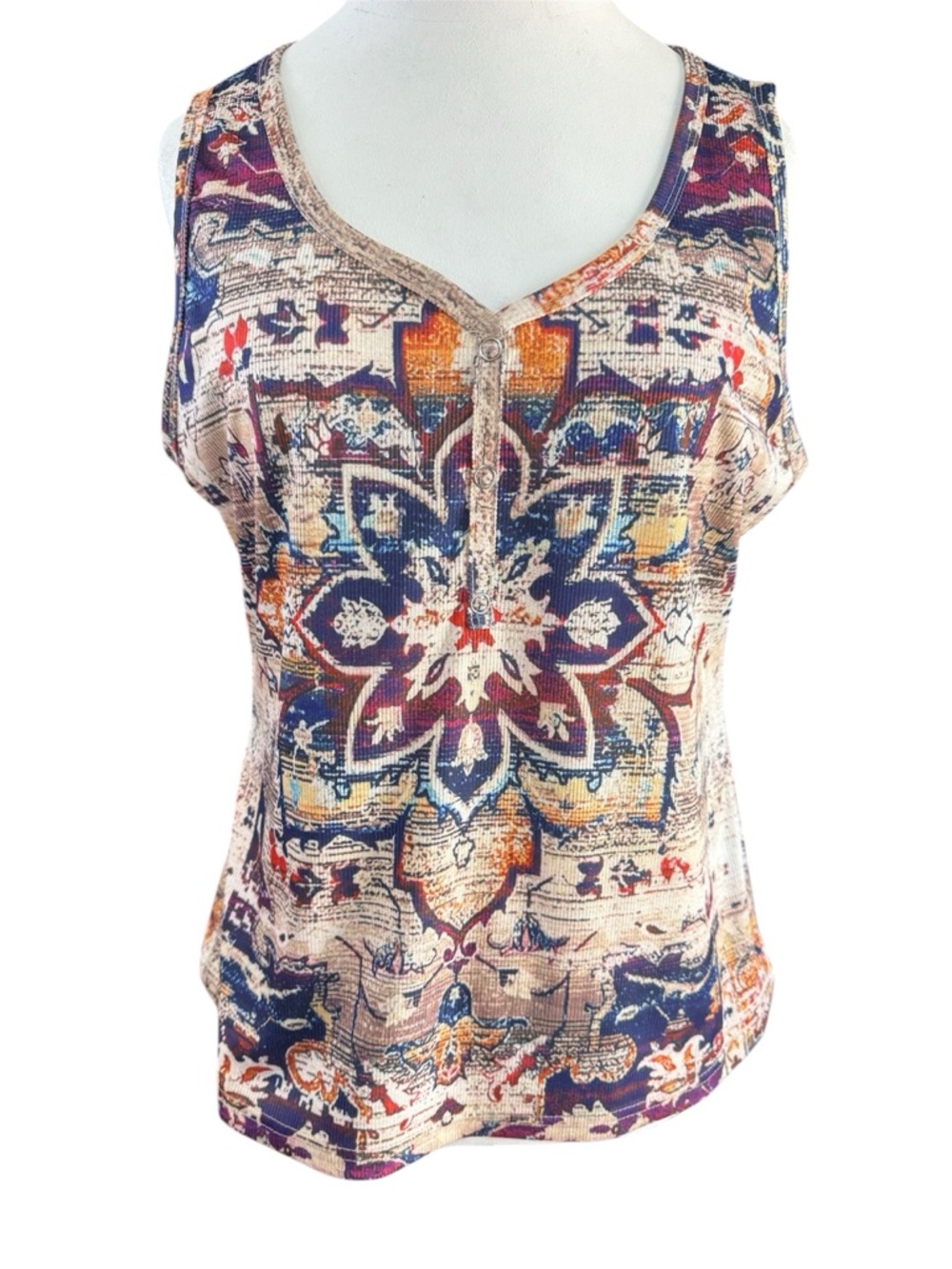 Boho Medallion Print Tank Top Sleeveless Henley Soft Knit Size L